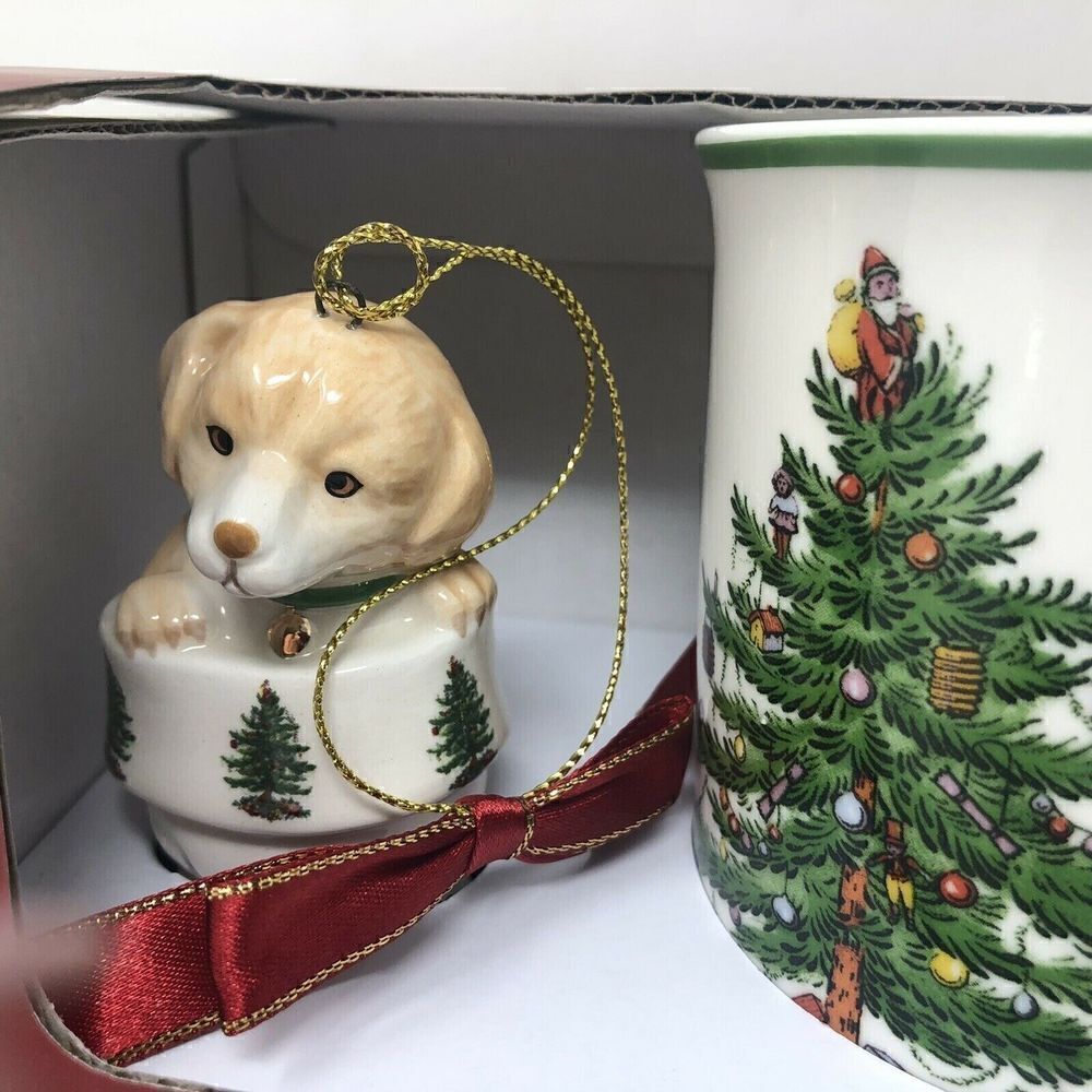 NEW Spode Christmas Tree Holiday Mug and Ceramic Puppy in Boot Ornament Set - Picture 3 of 7